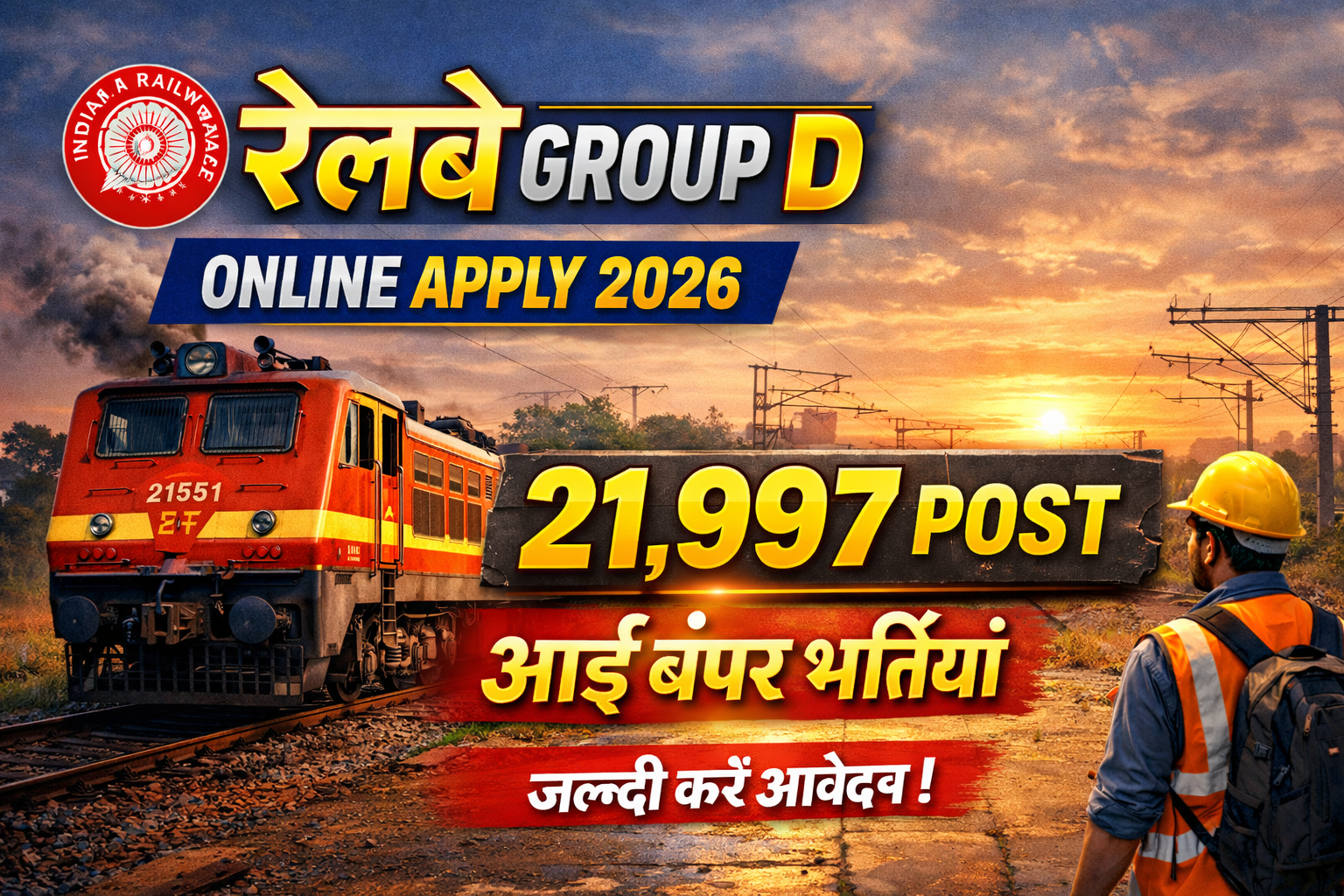 रेलवे ग्रुप डी (पद-21997) ऑनलाइन आवेदन प्रारंभ | Railway Group-D Level-1 Online Apply Railway RRB Group D Various Posts of Level-1 CEN 09/2025 Recruitment 2026 Apply Online