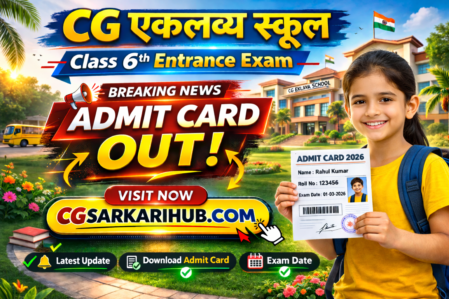 EMRS 6th Class Entrance Exam Admit Card | CG एकलव्य विद्यालय कक्षा 6वीं प्रवेश परीक्षा एडमिट कार्ड जारी cgsarkarihub.com khojojob.com khojojob