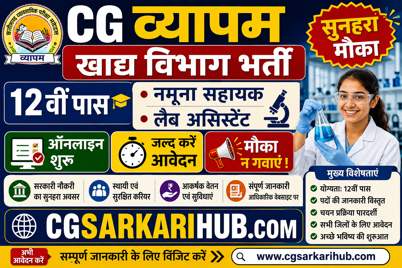 CG Food Lab Assistant Vacancy Online 2026 CGSARKARIHUB.COM FWLN26 CG Vyapam Sample Assistant FWLN26 CG व्यापम खाद्य एवं औषधि विभाग (पद-36) भर्ती ऑनलाइन शुरू | CG Food Lab Assistant Vacancy Online 2026