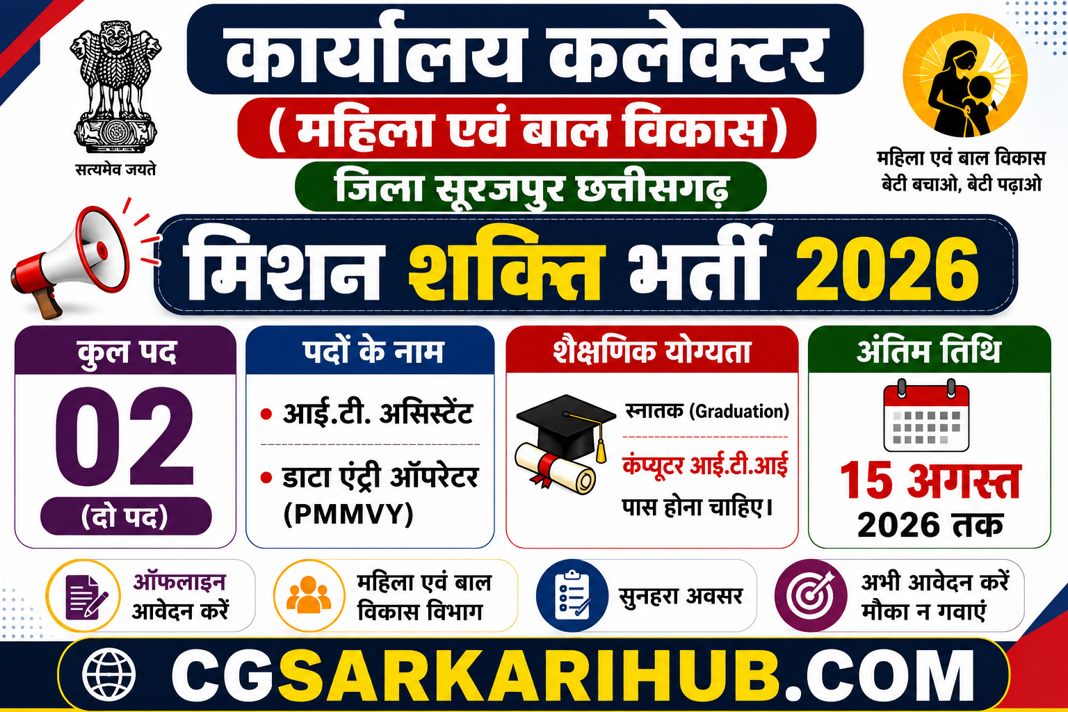 महिला एवं बाल विकास विभाग सूरजपुर भर्ती 2026 | आईटी असिस्टेंट एवं डाटा एंट्री ऑपरेटर भर्ती | ऑफलाइन आवेदन