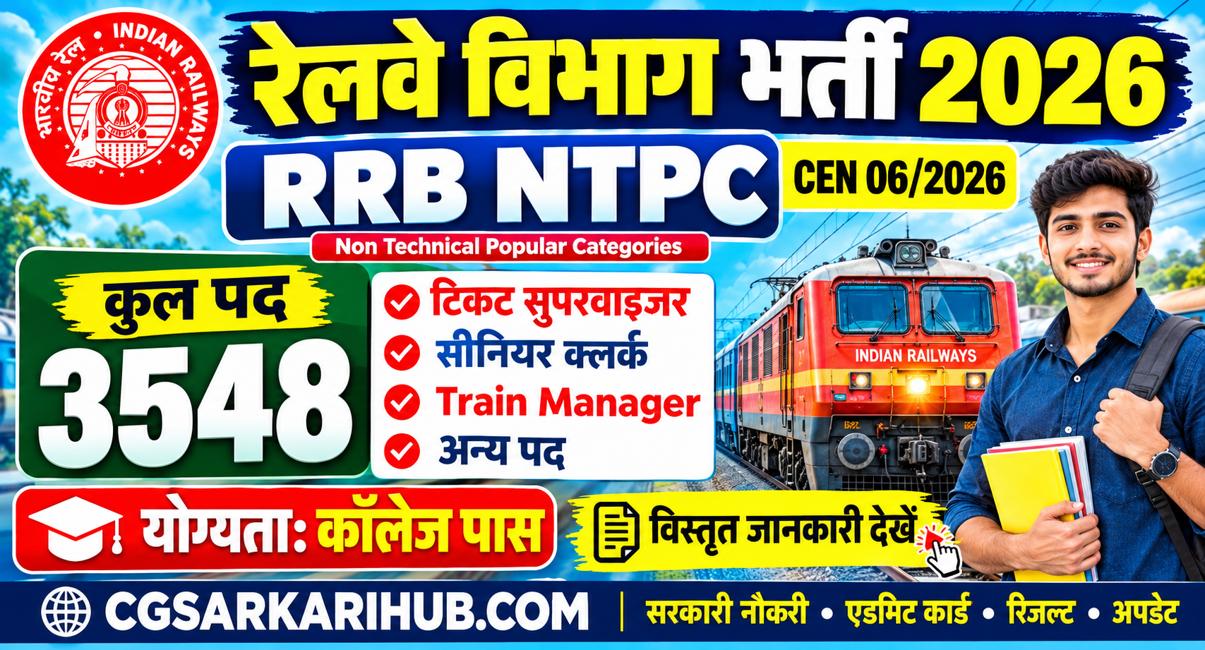 रेलवे (RRB NTPC) में निकली 3548 पदों पर कॉलेज पास भर्ती | RRB NTPC CEN 06/2026 Recruitment Apply 2026